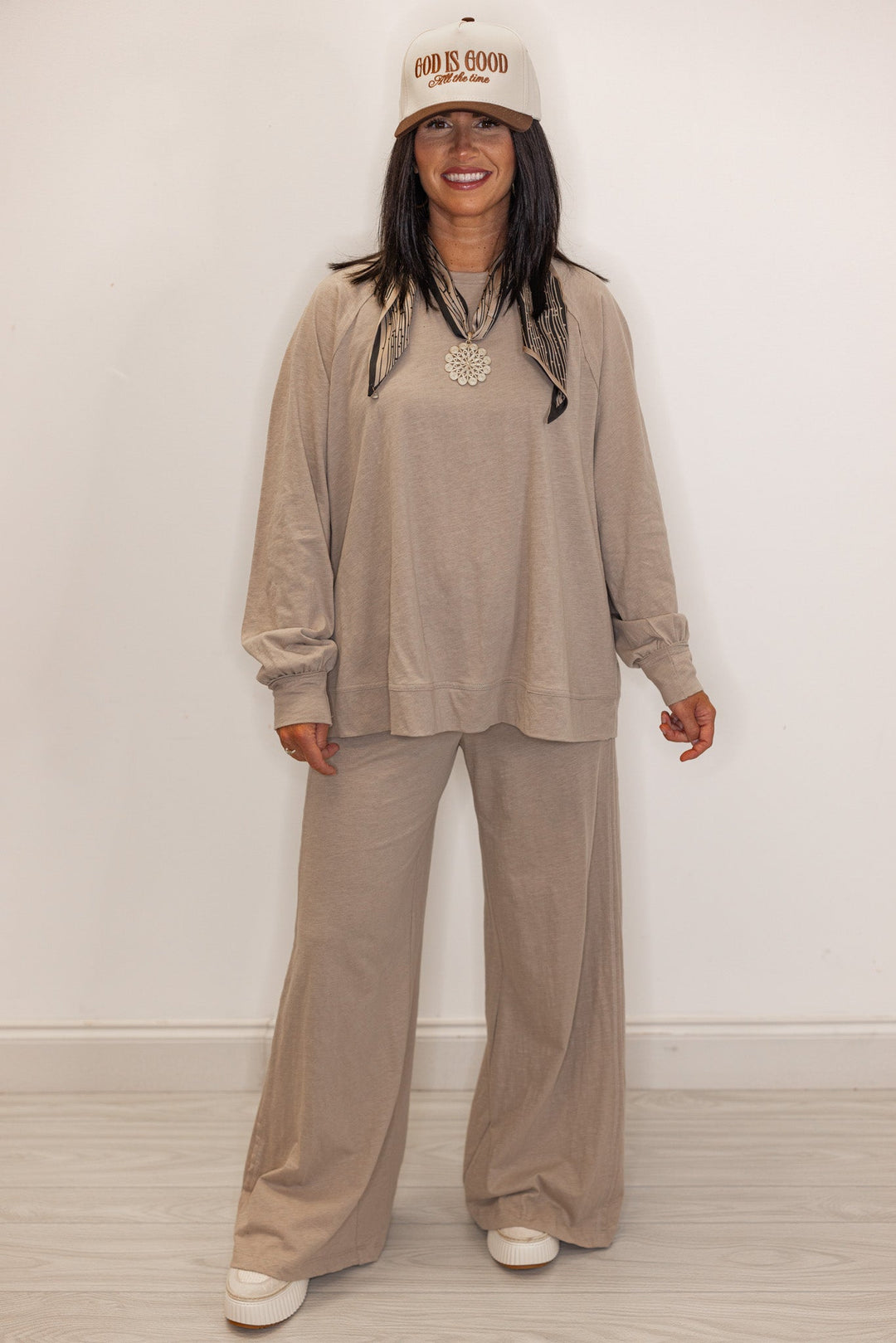 Women's tan comfy long set Fall set with God is Good trucket hat and scarf necklace