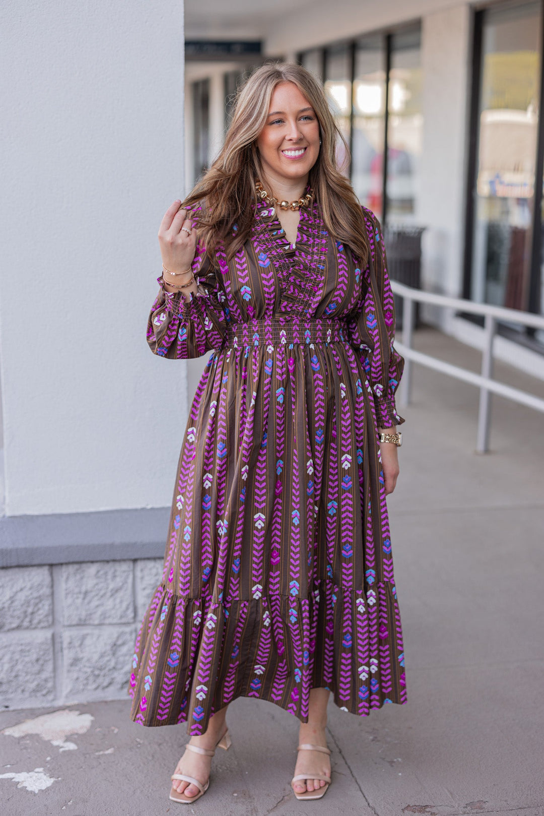 Fall printed dark color maxi dress