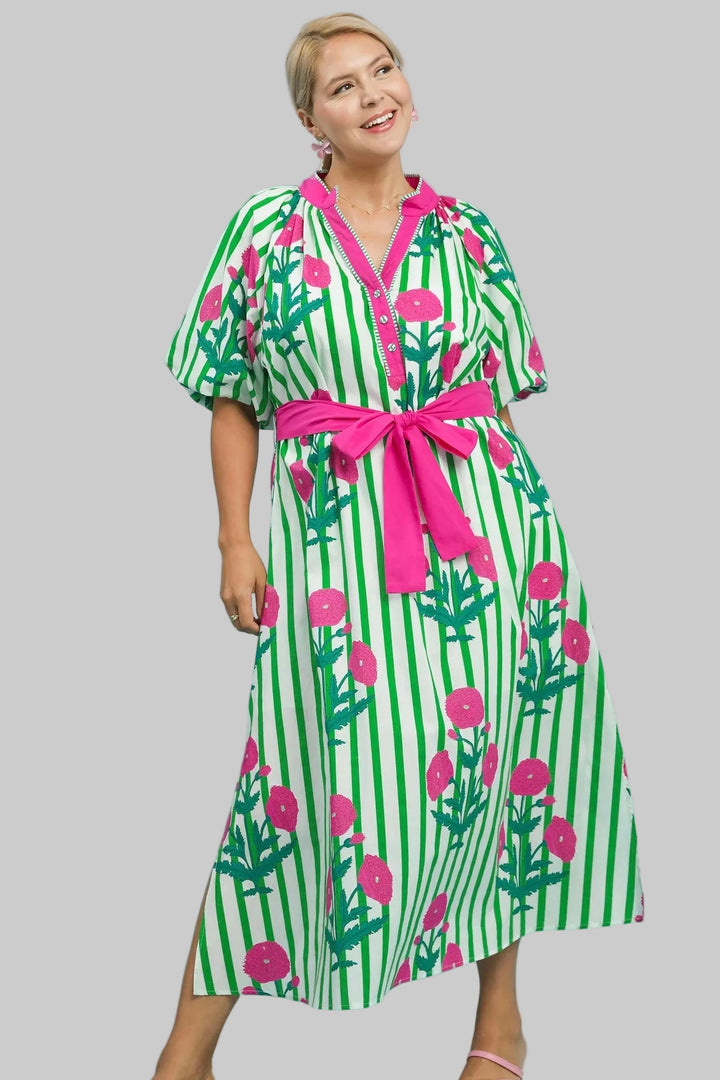 Women's Umgee green and white striped midi dress with pink floral print details in plus size