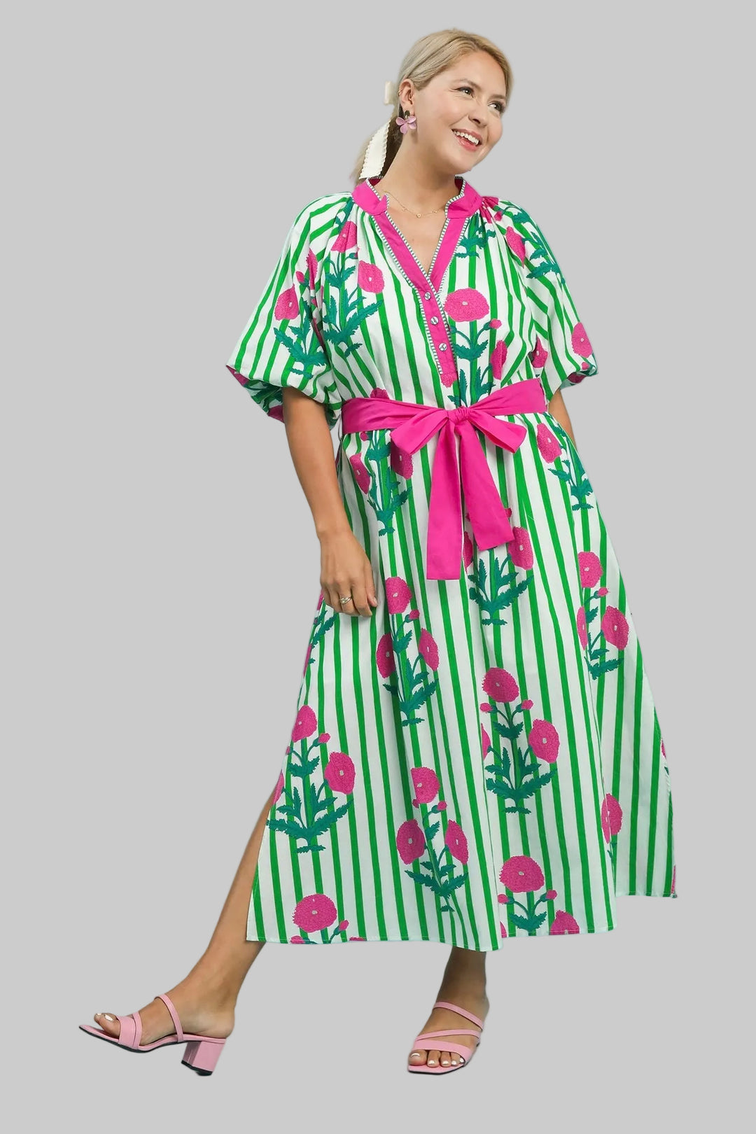 Women's Umgee green and white striped midi dress with pink florals in plus size showing full front length 