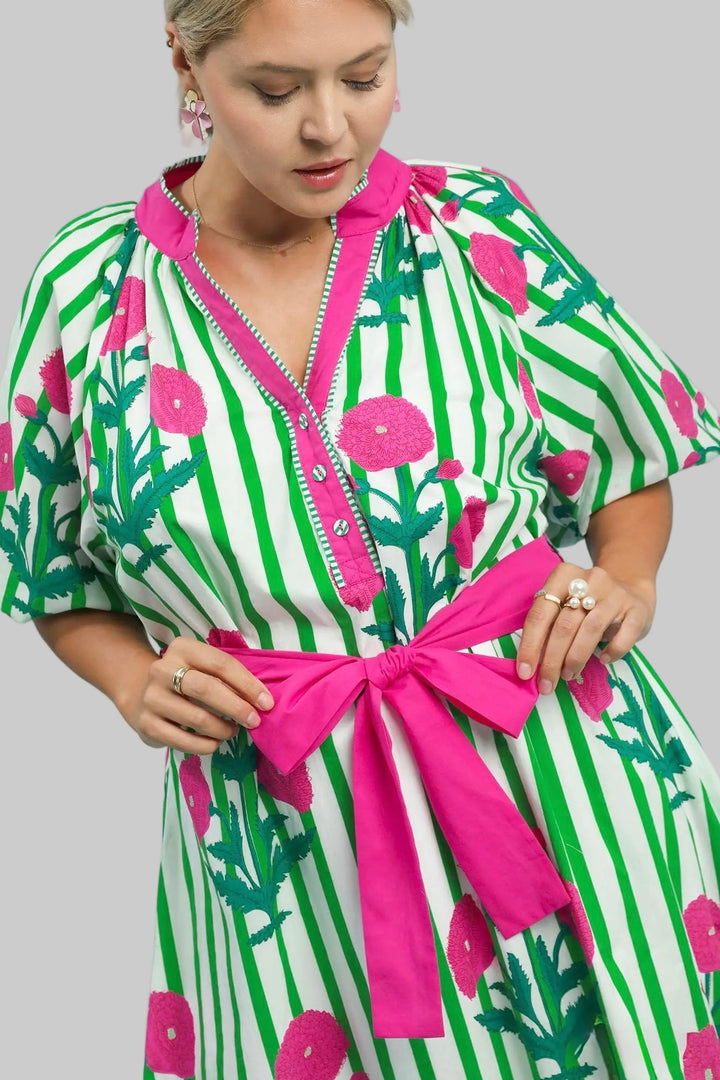Women's Umgee green and white striped midi dress with pink floral print in plus size showing belted waist