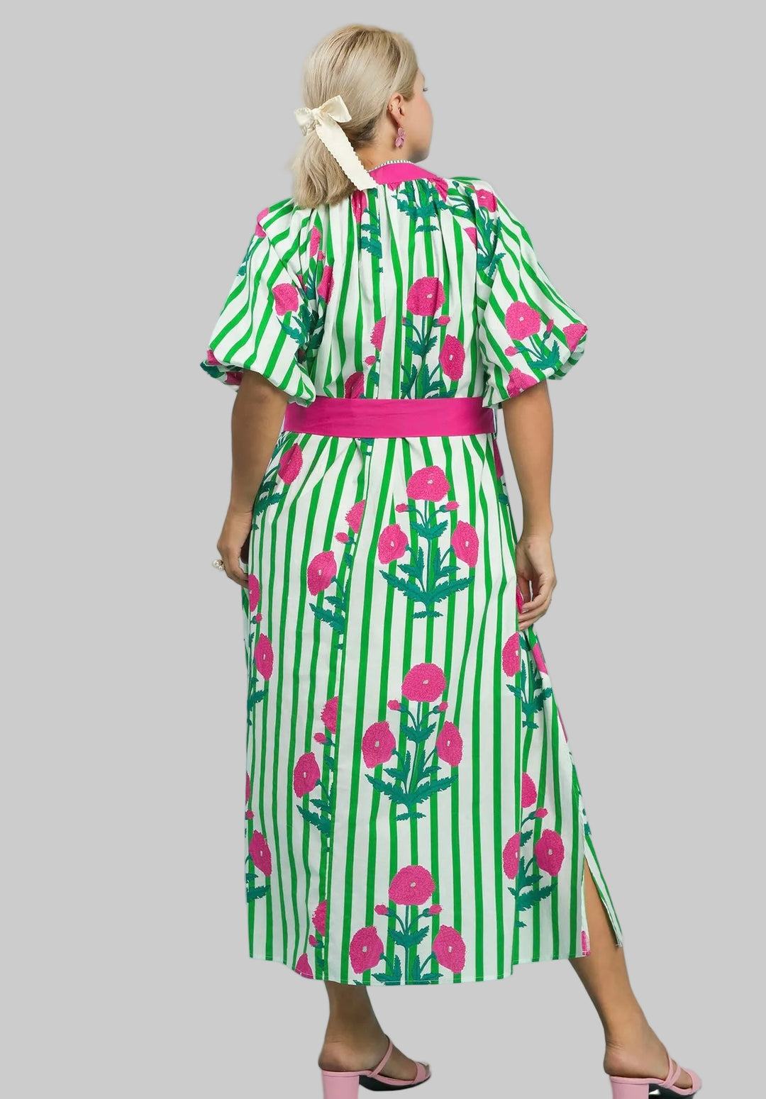Women's Umgee green and white striped midi dress with pink floral print details in plus size showing full back view