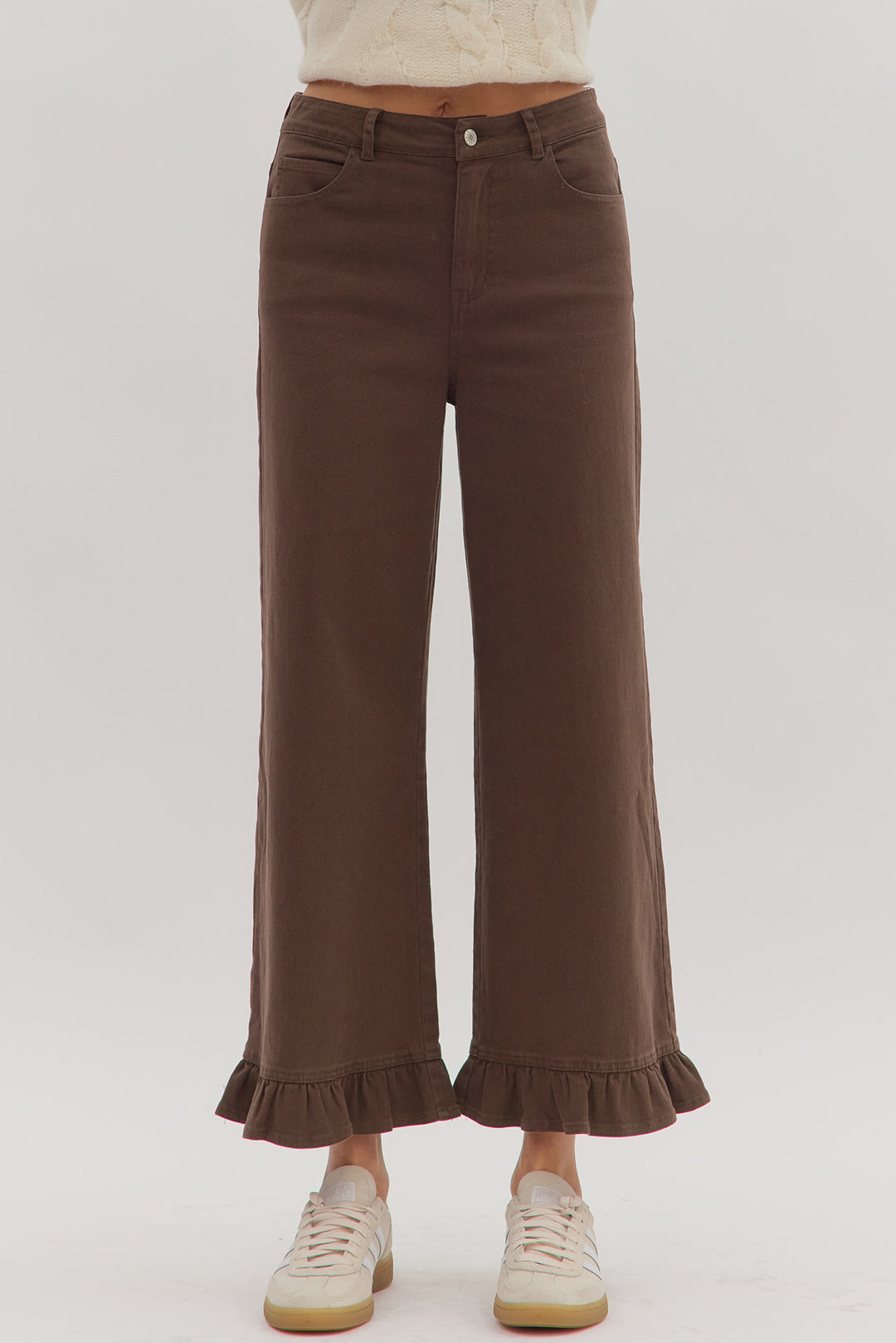 womens entro brown ruffle bottom twill pants