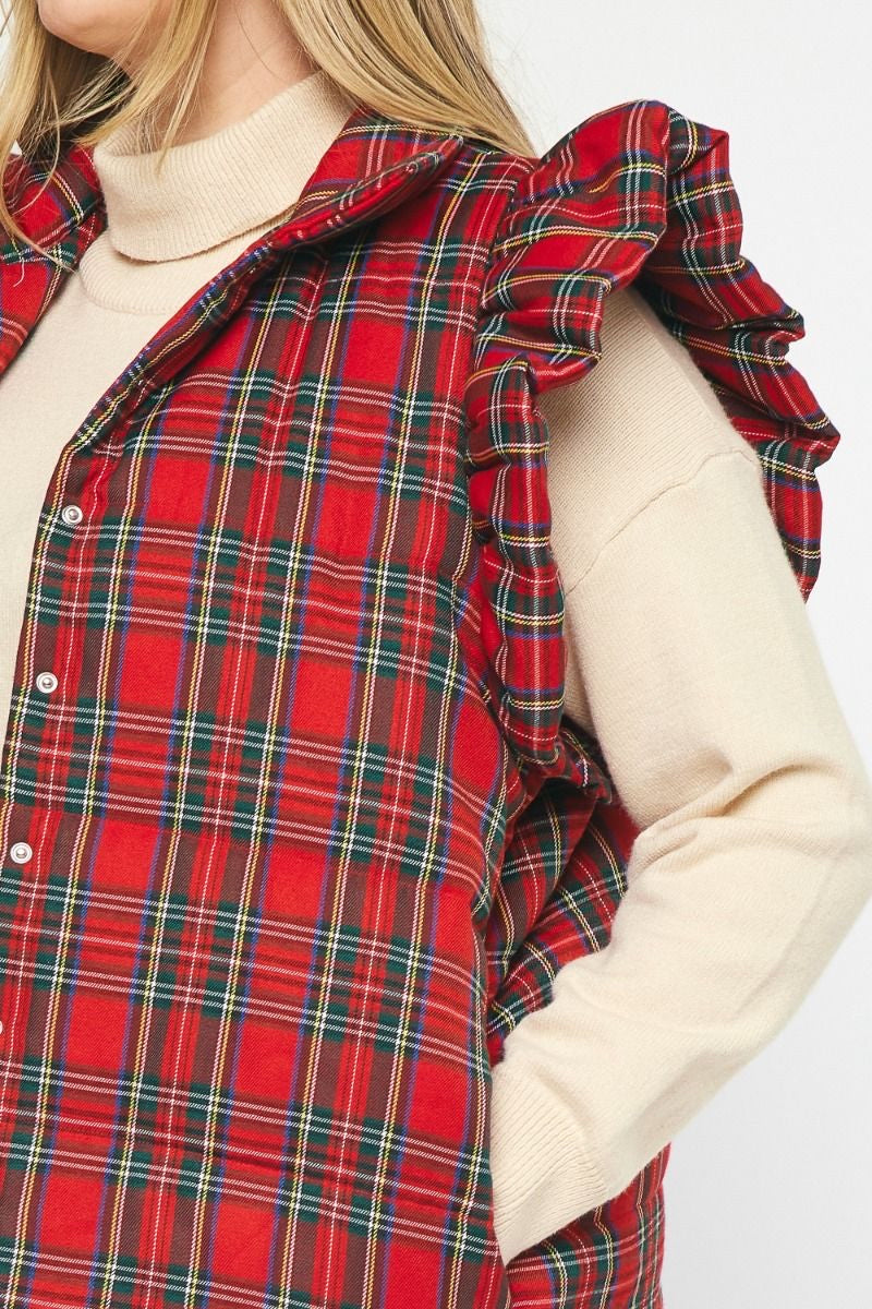 entro red plaid vest ruffle shoulder