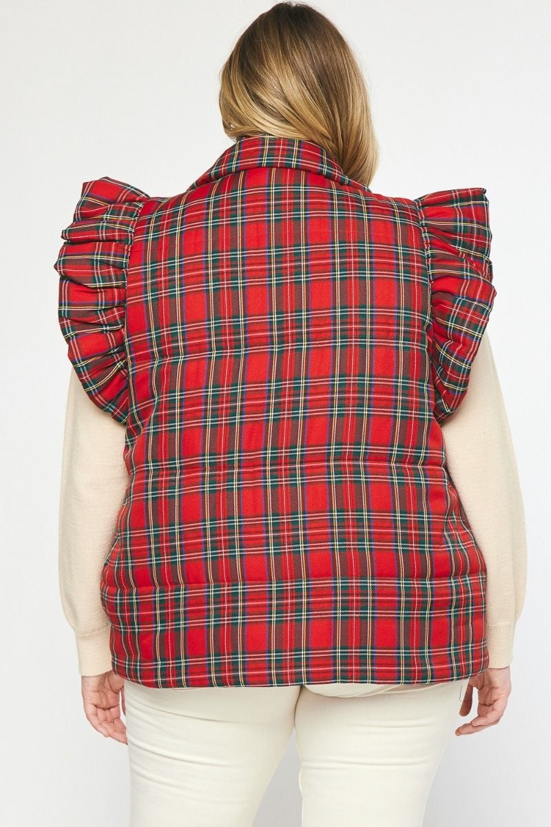 entro red plaid vest ruffle shoulder