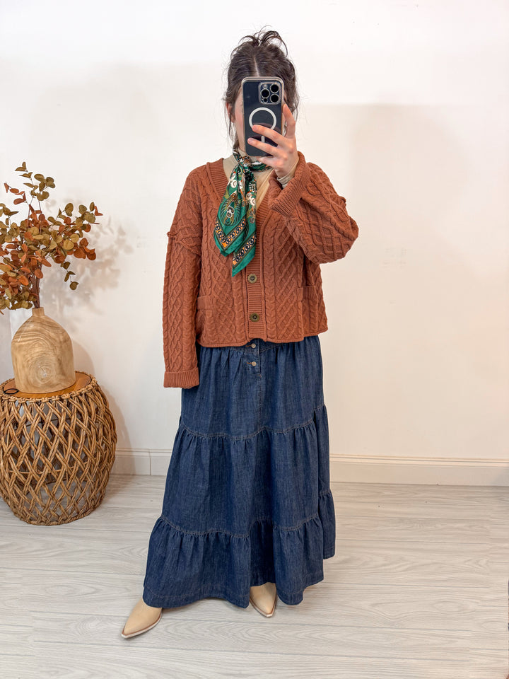 Dark denim maxi skirt by Peach Love California shown styled with an outfit