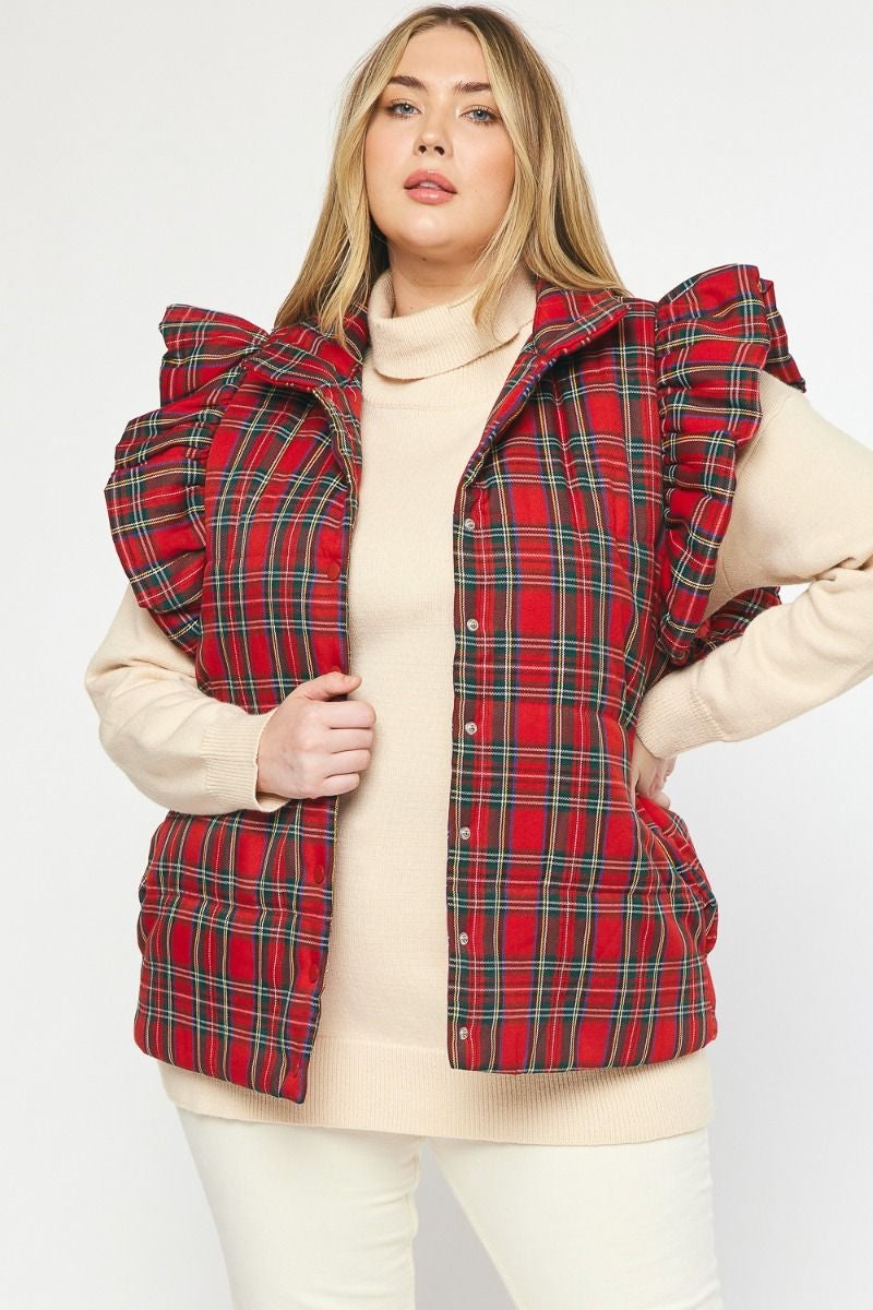 entro red plaid vest ruffle shoulder