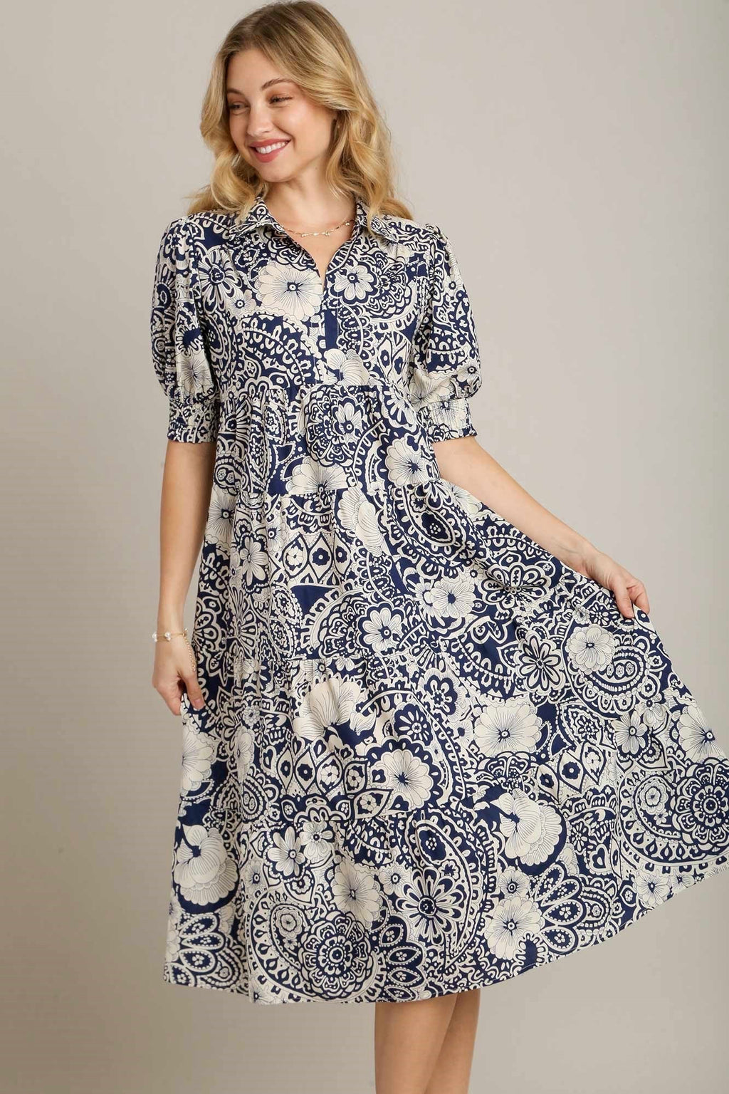 Umgee navy blue and cream paisley floral print midi dress