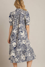 Umgee navy blue and cream paisley floral print midi dress