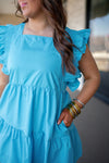 blue tiered ruffle sleeve dress