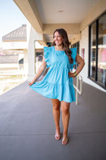 blue tiered ruffle sleeve dress