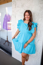 blue tiered ruffle sleeve dress