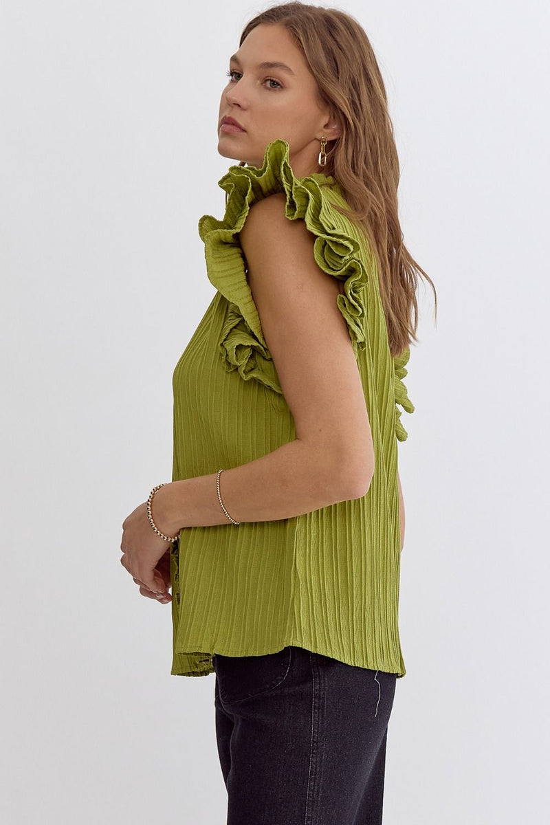 Entro Avocado green textured top with ruffled details