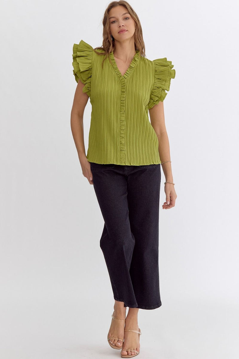 Entro Avocado green textured top with ruffled details