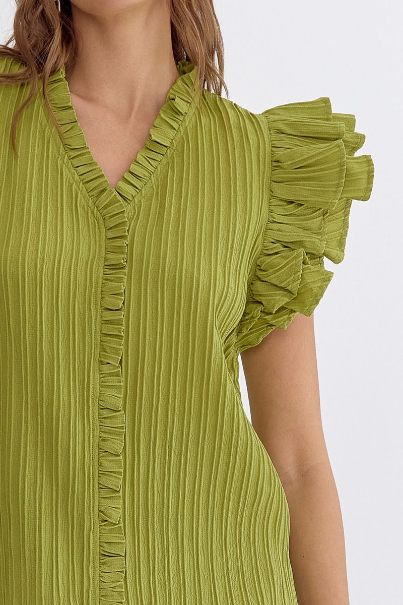 Entro Avocado green textured top with ruffled details