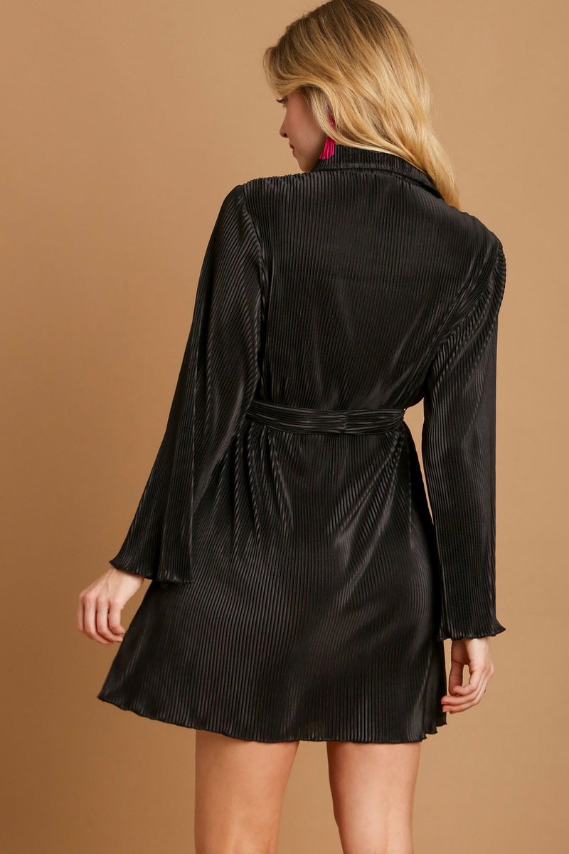 UMGEE Black pleated satin button down dress