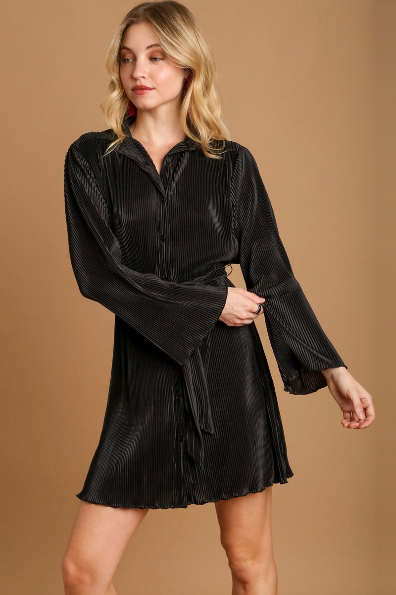 UMGEE Black pleated satin button down dress