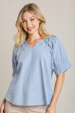 Umgee Chambray top in light blue denim with pleated back