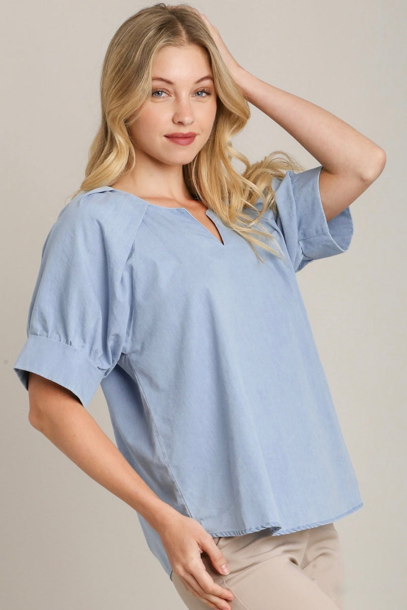 Umgee Chambray top in light blue denim with pleated back