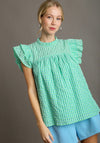 Umgee Seersucker gingham print babydoll top with ruffle sleeves in light and dark green