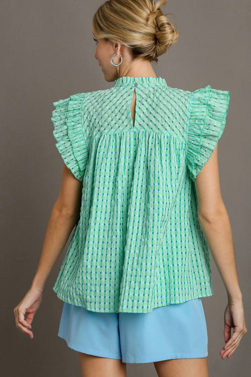 Umgee Seersucker gingham print babydoll top with ruffle sleeves in light and dark green