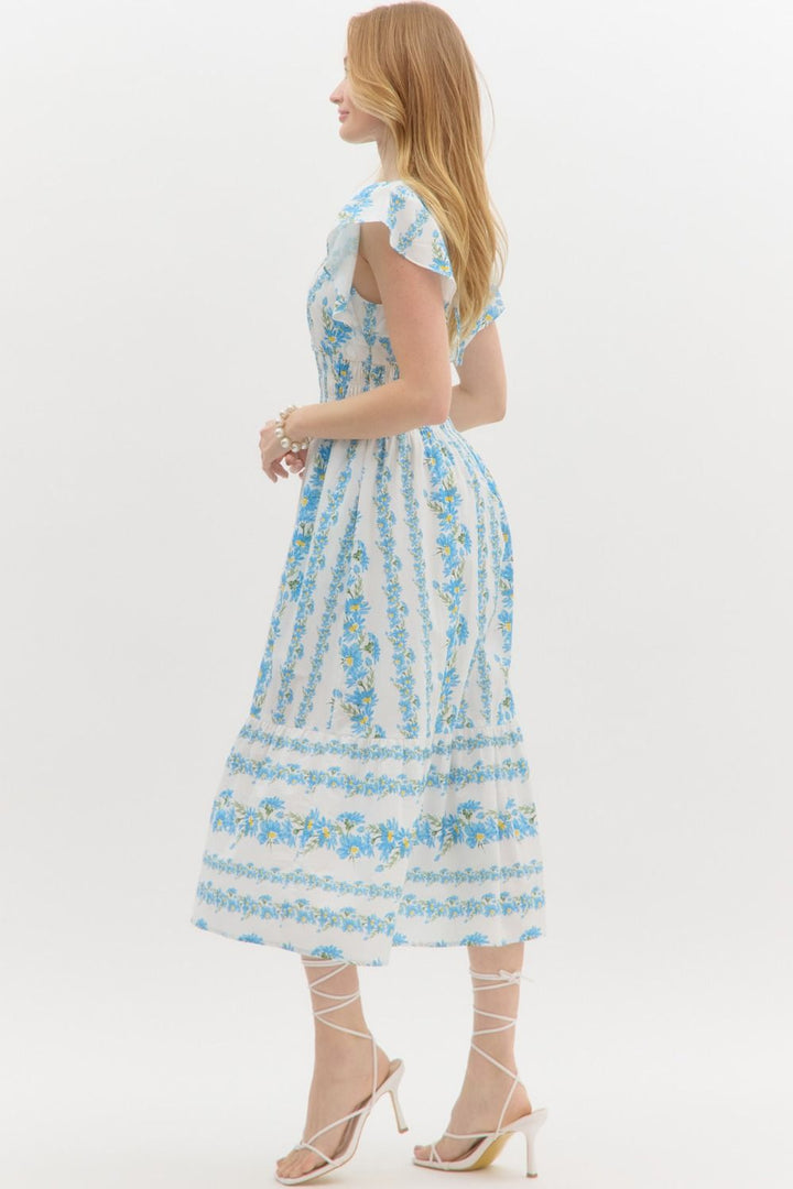 blue floral print entro smocked dress