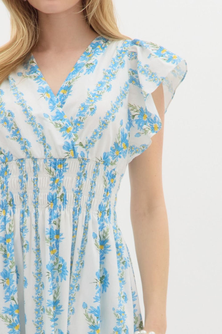 blue floral print entro smocked dress