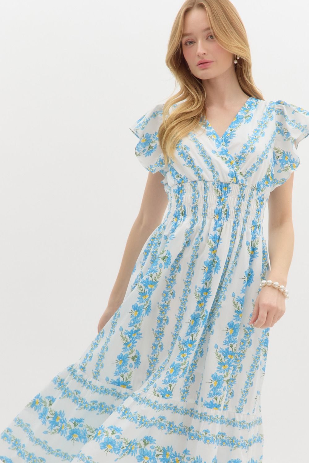 blue floral print entro smocked dress