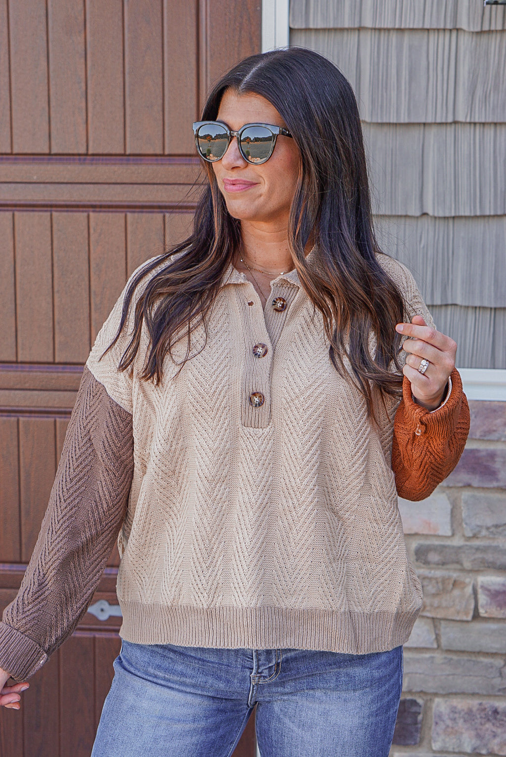 Beige oatmeal rust color block sweater