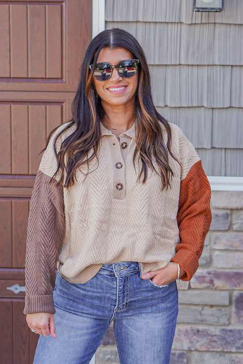 Beige oatmeal rust color block sweater