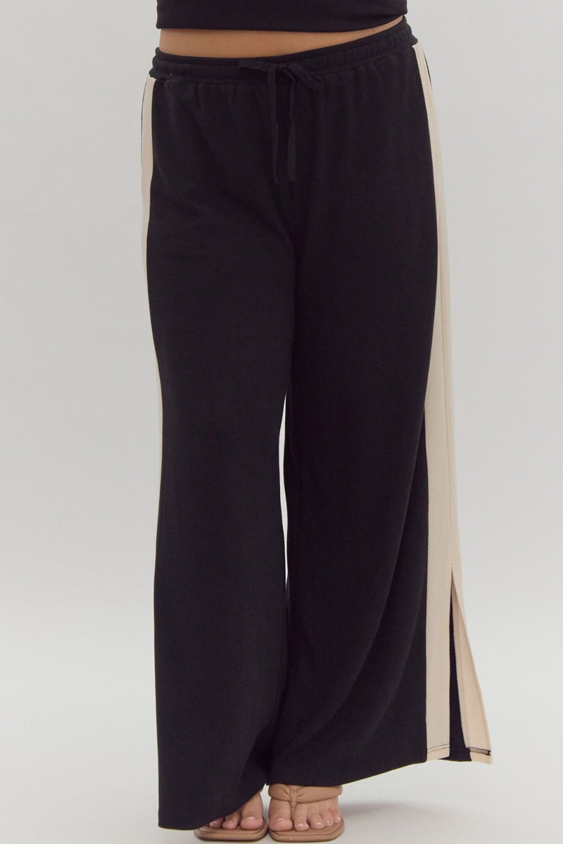 Entro Black ribbed textured knit pants with cream trim