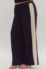 Entro Black ribbed textured knit pants with cream trim