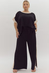 Entro Black ribbed textured knit pants with cream trim