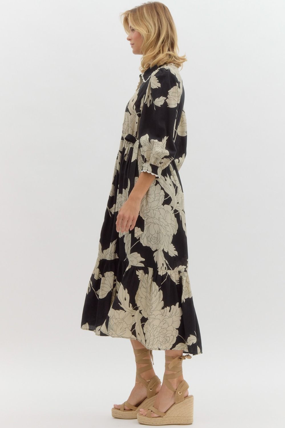 women's black floral print midi dress