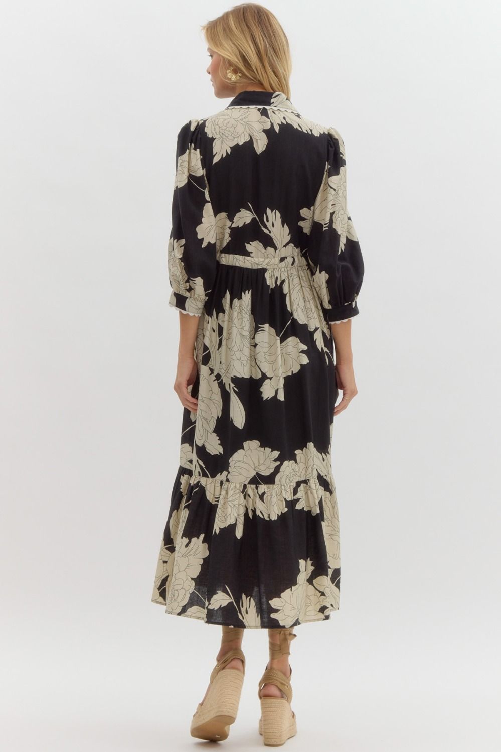 women's black floral print midi dress