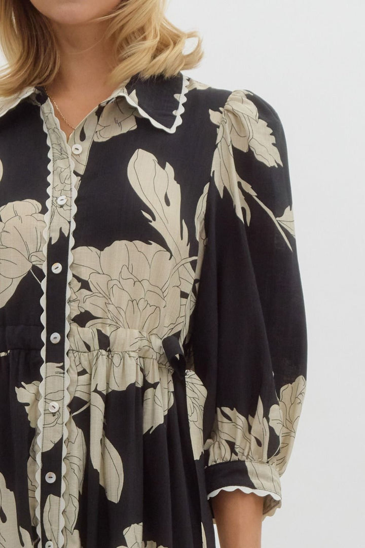 women's black floral print midi dress