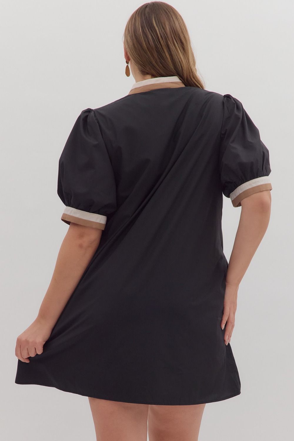 Women's black short dress with cream and tan trim by Entro in plus showing back view
