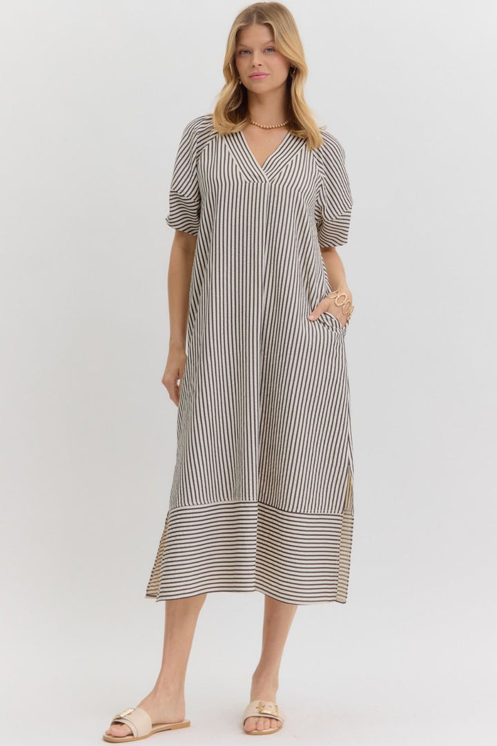 Women's black and white striped fall midi dress