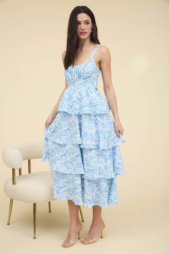 Blue floral tiered midi dress