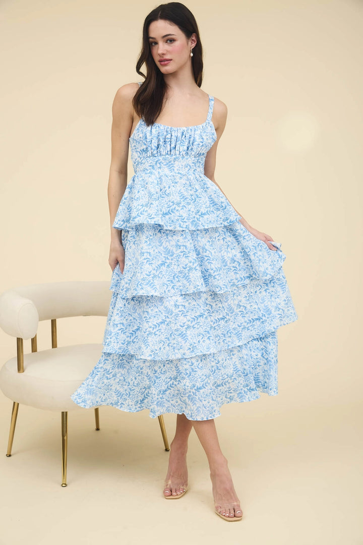Blue floral tiered midi dress