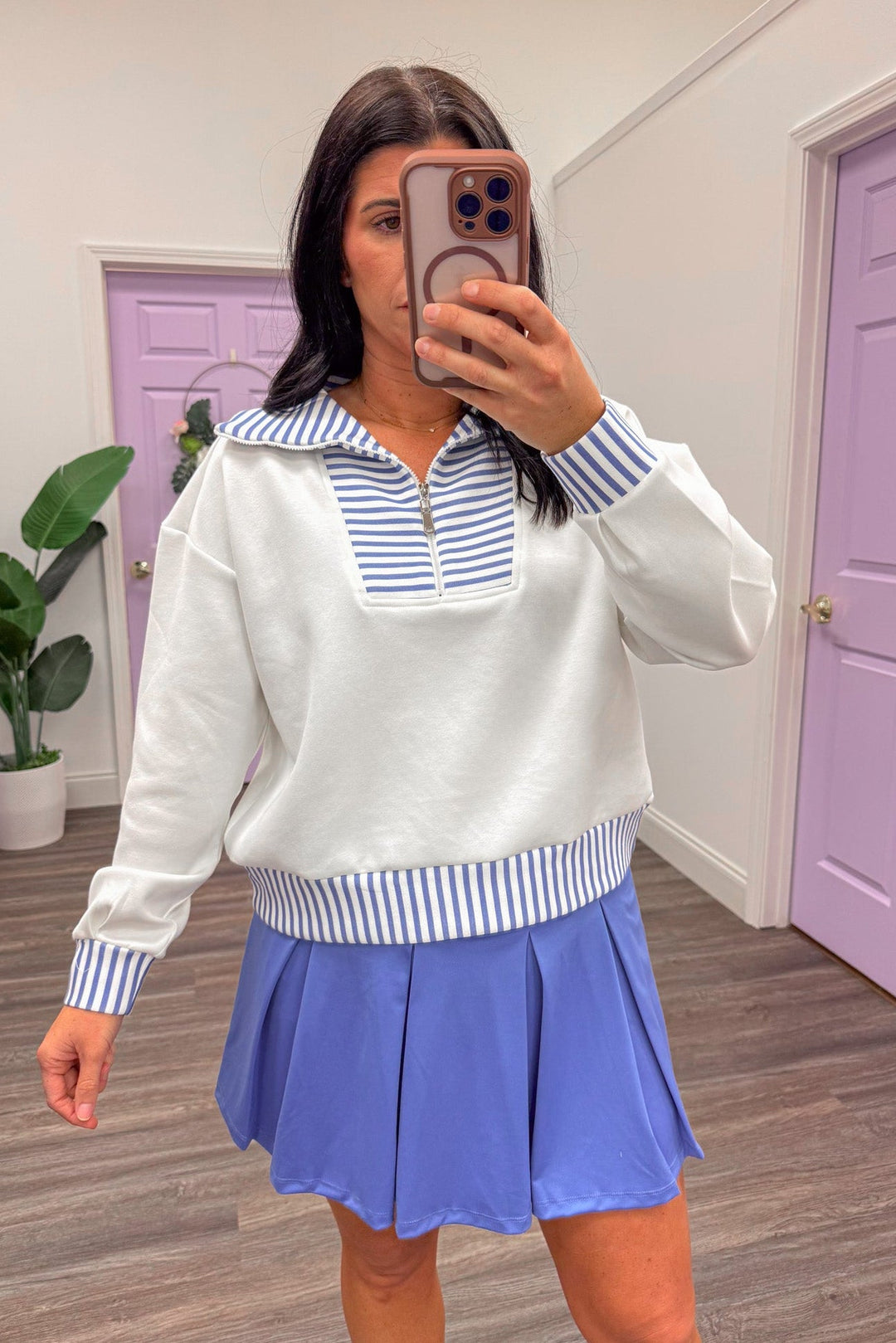Women's white and blue striped pullover top