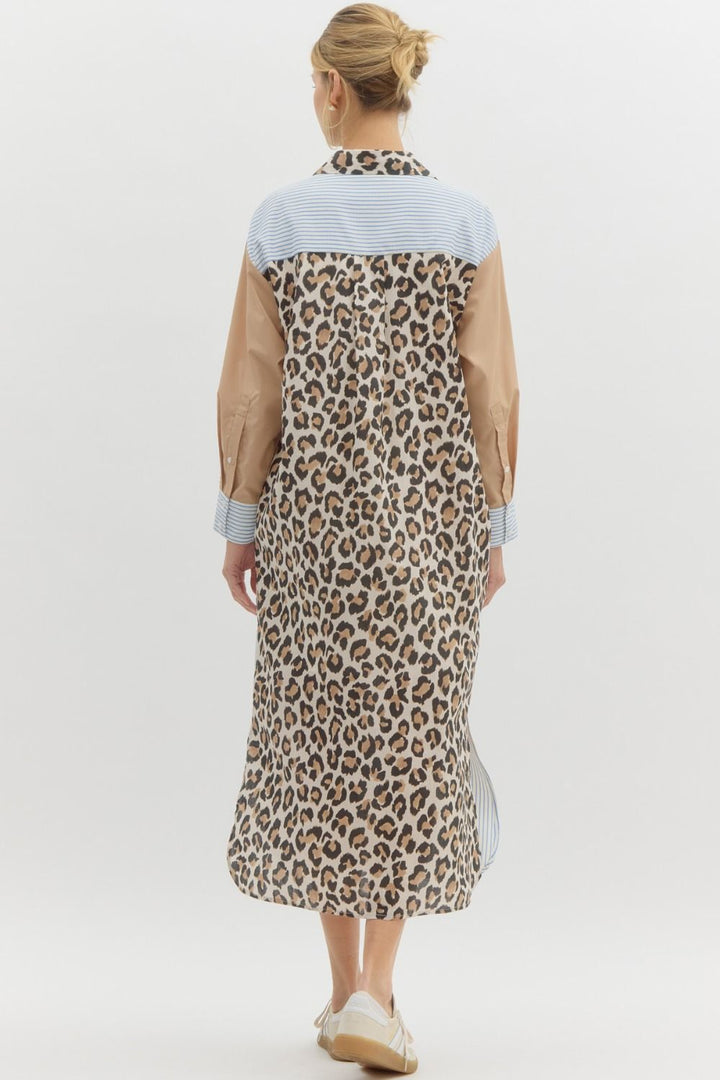 Women's seersucker blue striped and animal print color block spring and summer midi dress