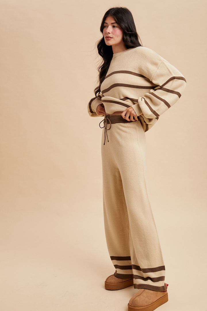 women's beige striped sweater and pants lounge set with drawstring waistband