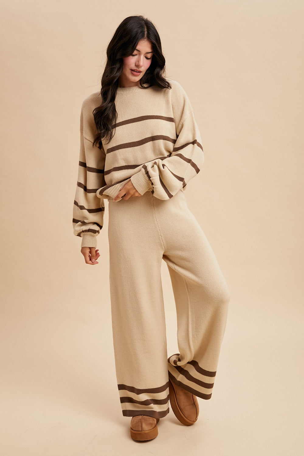women's beige and brown striped sweater and pants lounge set