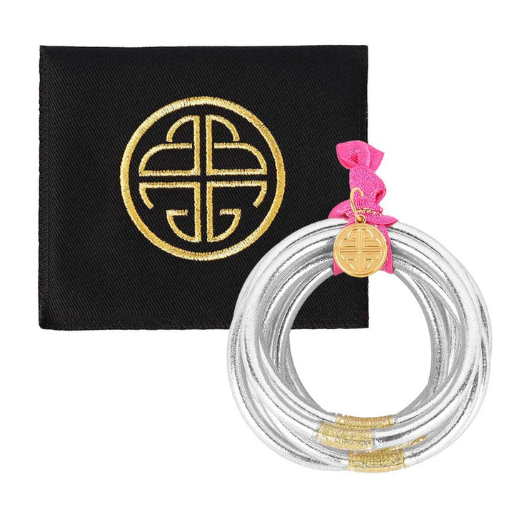 BuDhaGirl silver bracelets, set of 6, showing upright view