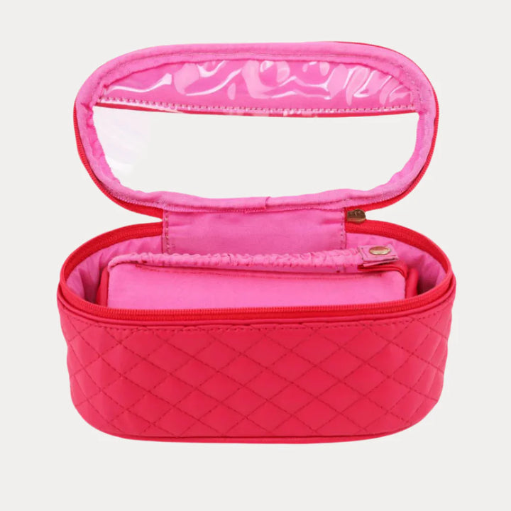 BuDhaGirl pink quilted vegan leather travel case showing view with case open