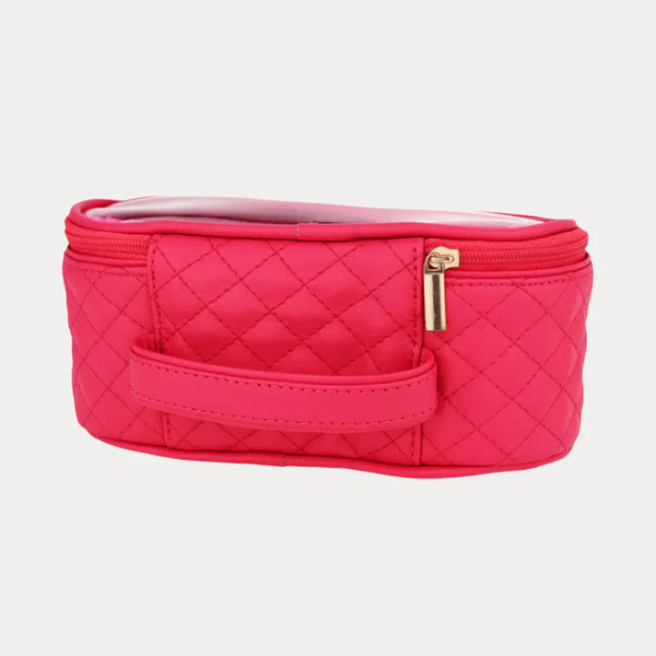 BuDhaGirl pink quilted vegan leather travel case showing handle