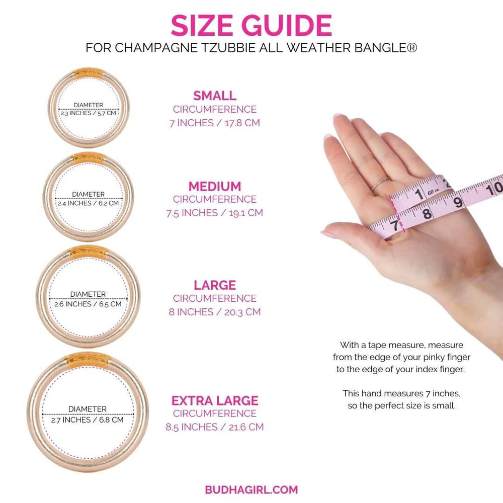 BuDhaGirl Tzubblie single champagne bangle bracelet showing size chart