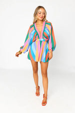 Buddy Love Palm beach plunge neck romper in striped jelly beans