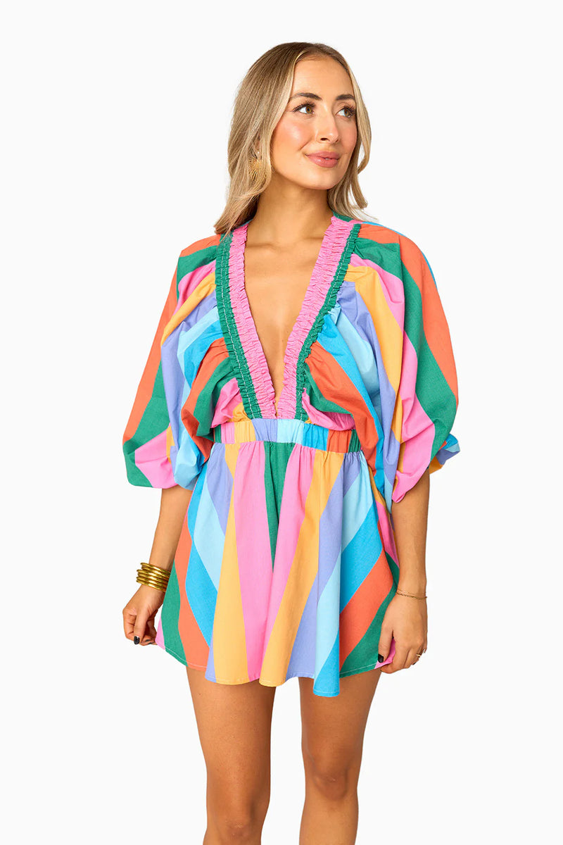 Buddy Love Palm beach plunge neck romper in striped jelly beans